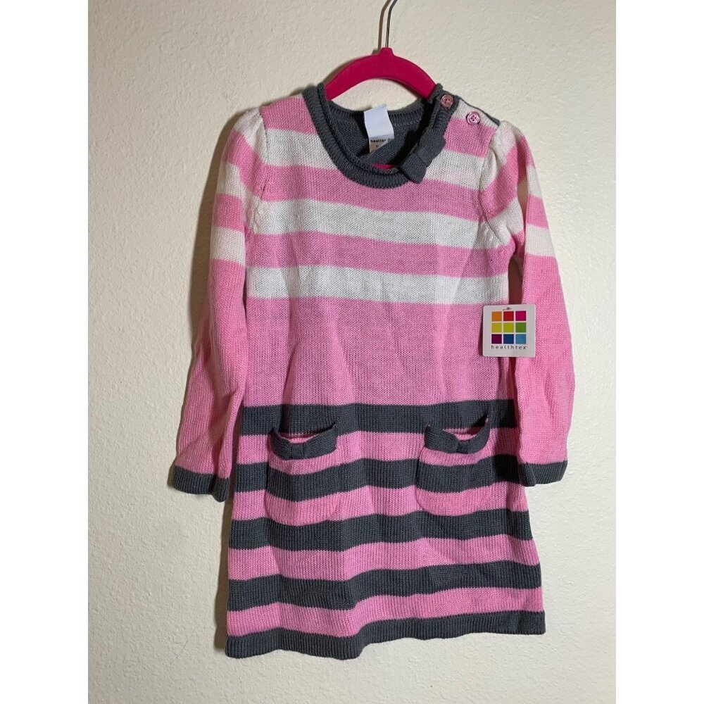 NWT Healthtex Sweater Dress Long Sleeve Striped Winter Casual Pink Size 3T